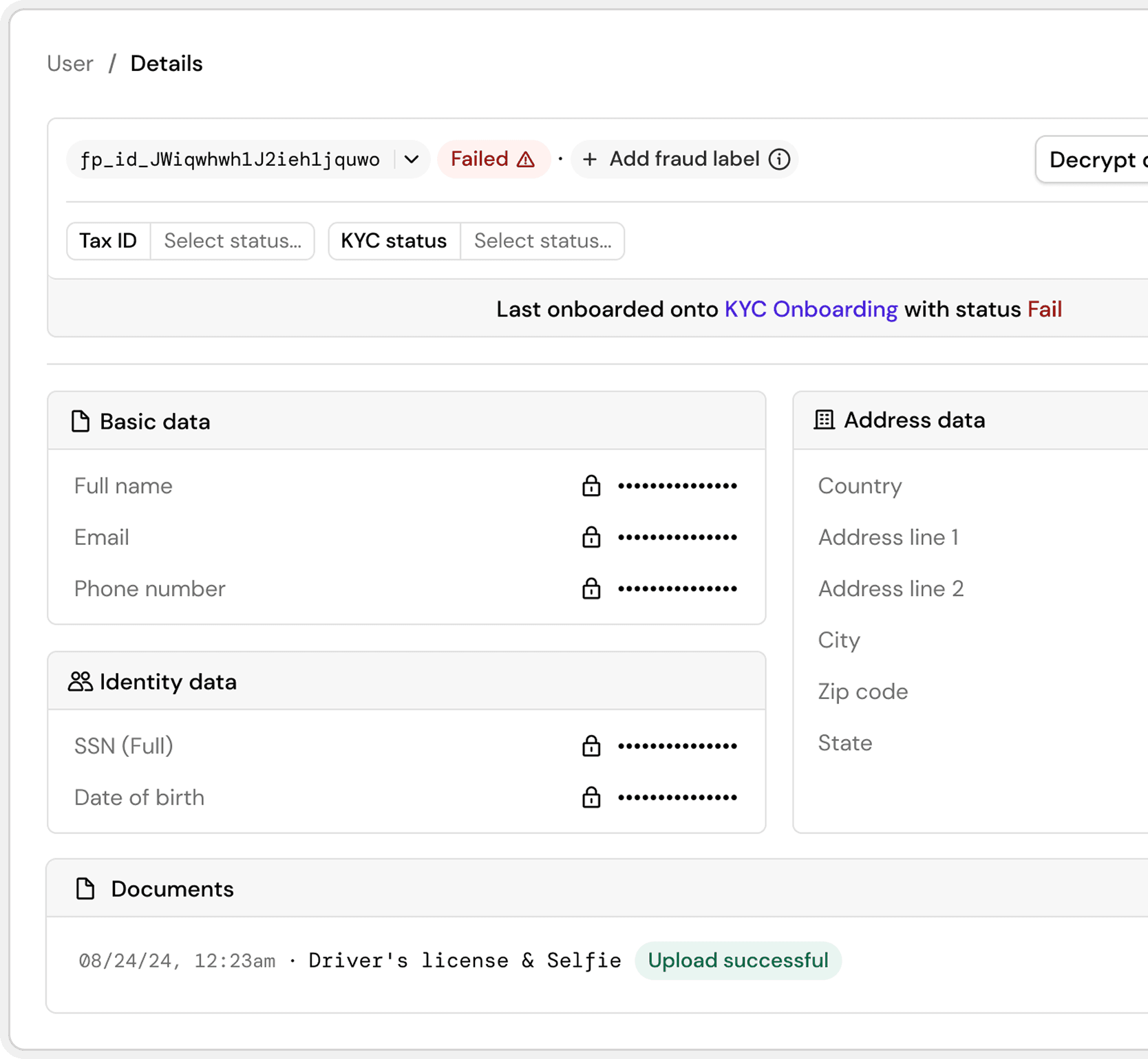 Screenshot of the vault user interface showing encrypted identity data storage